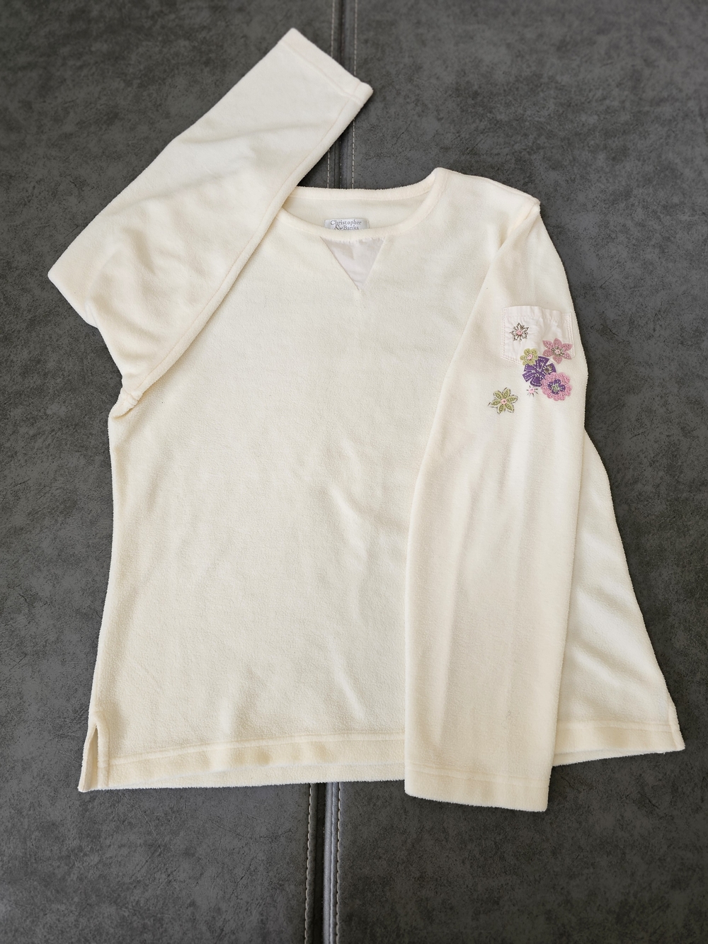 Christopher & Banks Cream Long Sleeve Tee with Floral Sleeve Embroidery Large